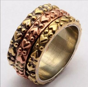 New Two Tone Brass & Silver Hearts Spinner Ring.